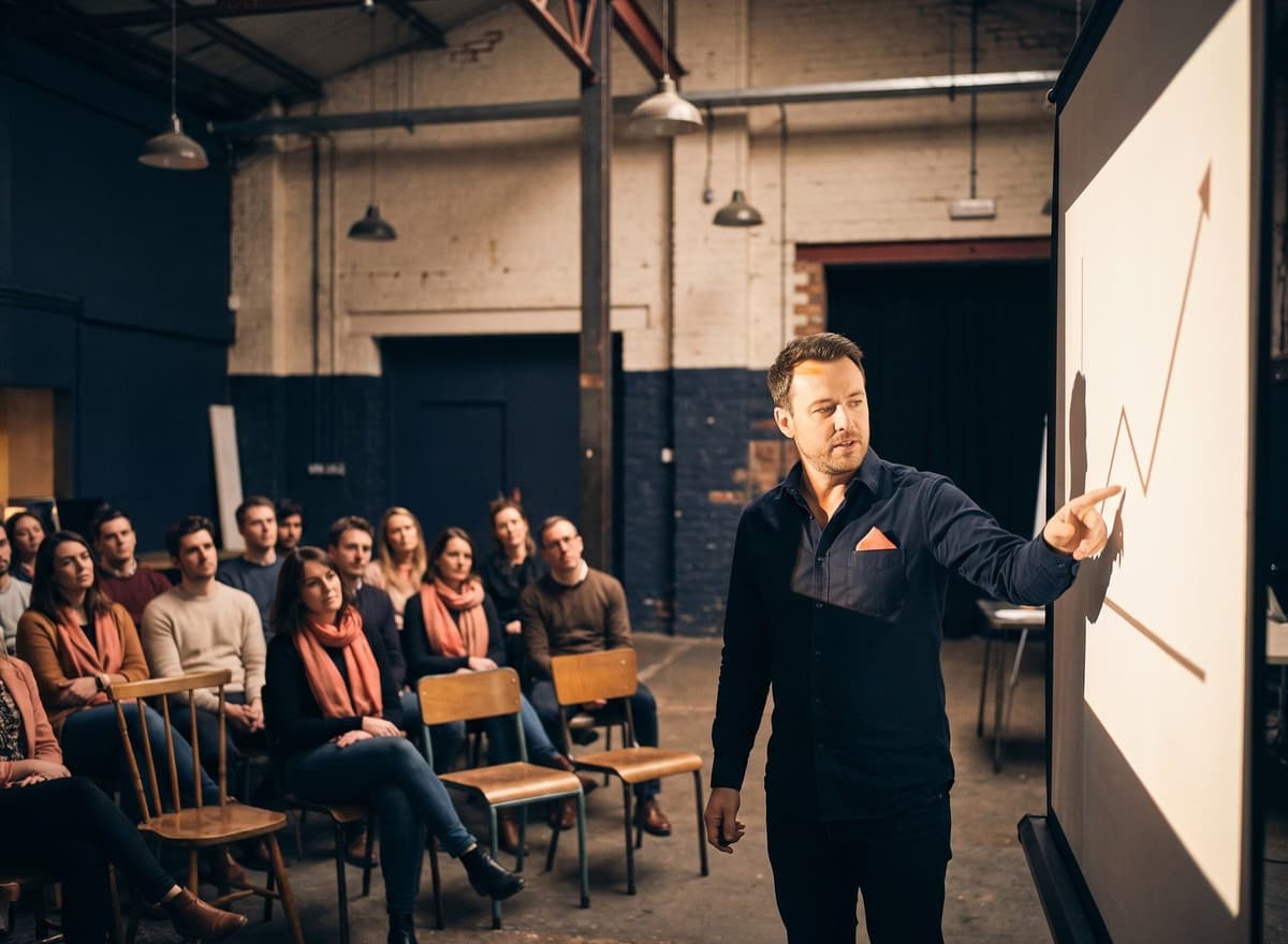 Photo of a presenter pointing at a projected upward A/B test results chart to a small audience in a dim studio