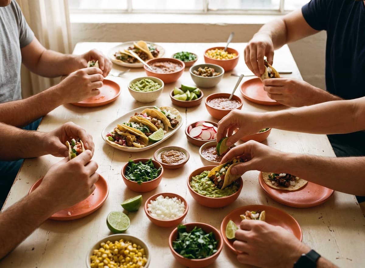 Overhead photo of a colorful taco lunch spread on a studio table with many hands reaching in
