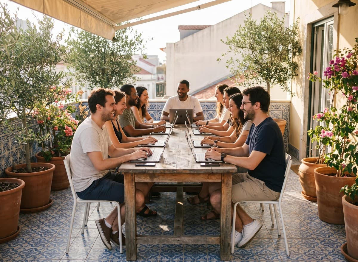 Photo of eight teammates working on laptops at a long table on a sunny Lisbon terrace with azulejo tiles