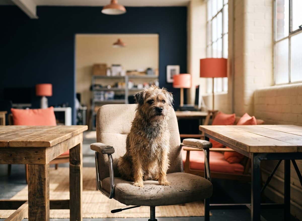 Photo of a small scruffy terrier sitting proudly on an office chair between desks in the studio