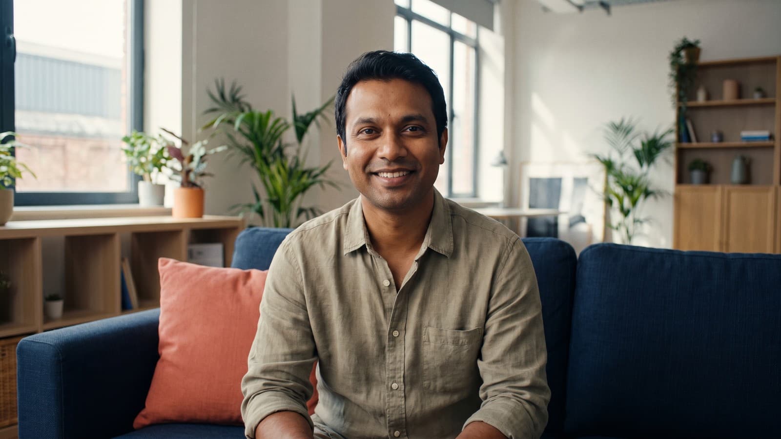 Video still of a Bangladeshi startup founder talking warmly to camera in a bright modern studio, seated on a navy sofa with a coral cushion