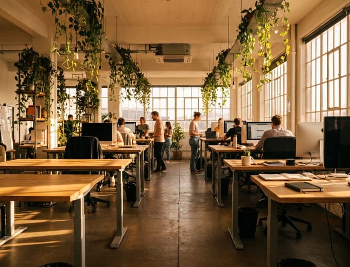 Candid photo of a modern digital agency studio with warm window light, plants and standing desks