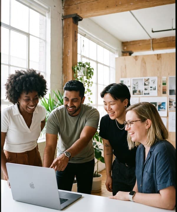 Candid photo of four diverse agency teammates in a huddle over a laptop, smiling