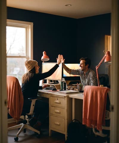Photo of two teammates high-fiving at a desk, monitors glowing, evening light