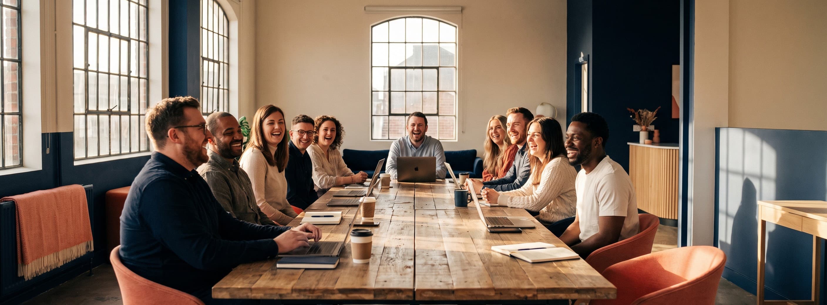 Photo of the Optyv team of ten mid-laugh around a long meeting table with laptops in a warehouse studio, warm afternoon light