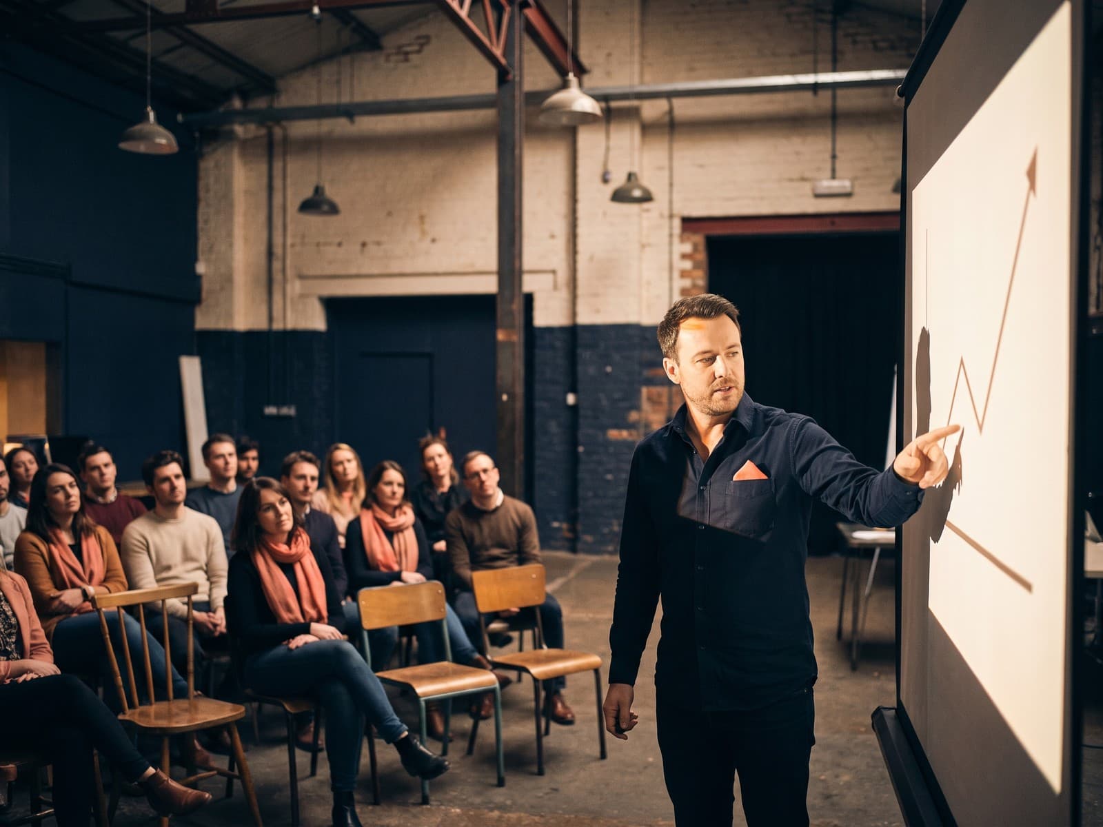 An Optyv strategist presenting a rising revenue chart to the seated team at a monthly test readout in the studio