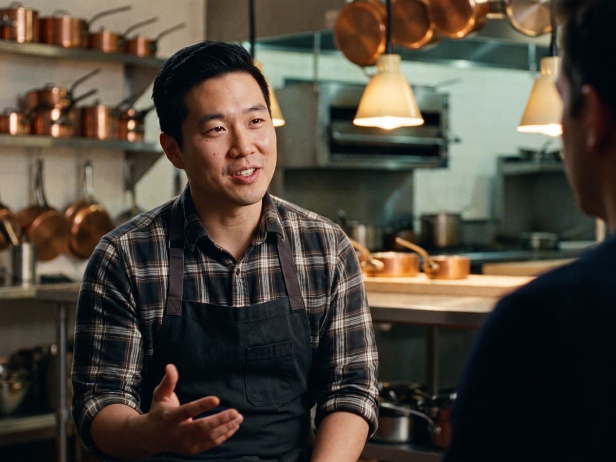 A Korean-American man in his mid-30s mid-sentence, in a commercial kitchen studio with copper pans behind him