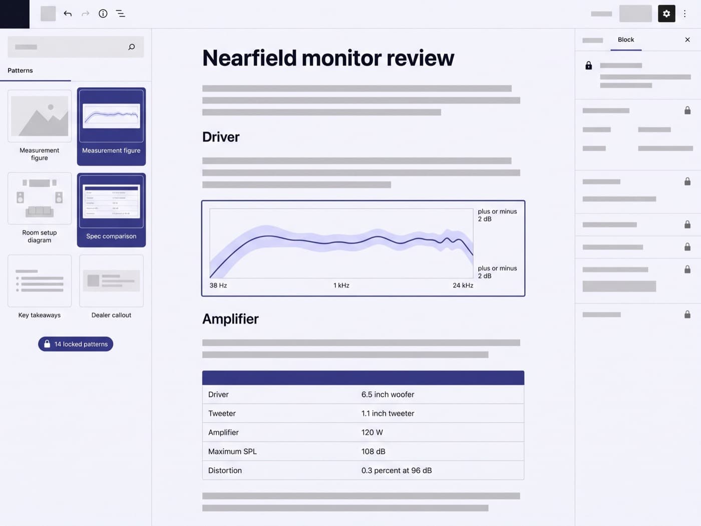 WordPress block editor on screen assembling a monitor review from locked patterns, with a measurement-figure block and a spec comparison block in the inserter panel, deep indigo highlights on cool off-white