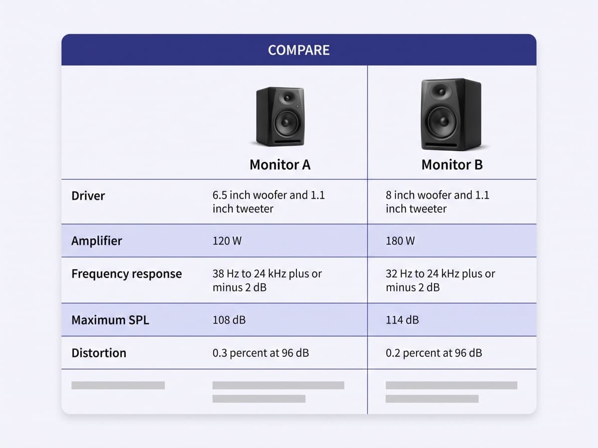 Close-up of the Aksel Audio spec comparison block, two studio monitors side by side with driver, power and distortion rows and a deep indigo header bar on a cool off-white card
