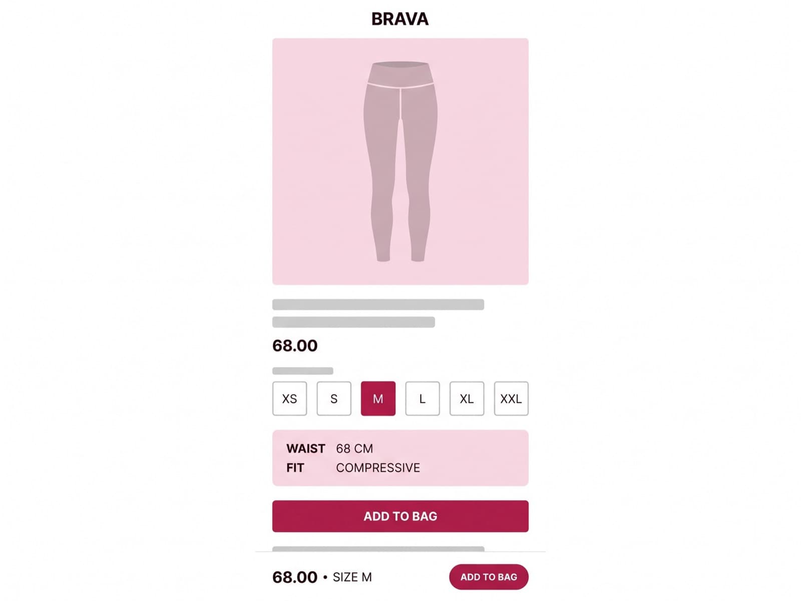 Activewear ecommerce product page on a phone, white background with a size selector, a raspberry add-to-bag button and a sticky price bar