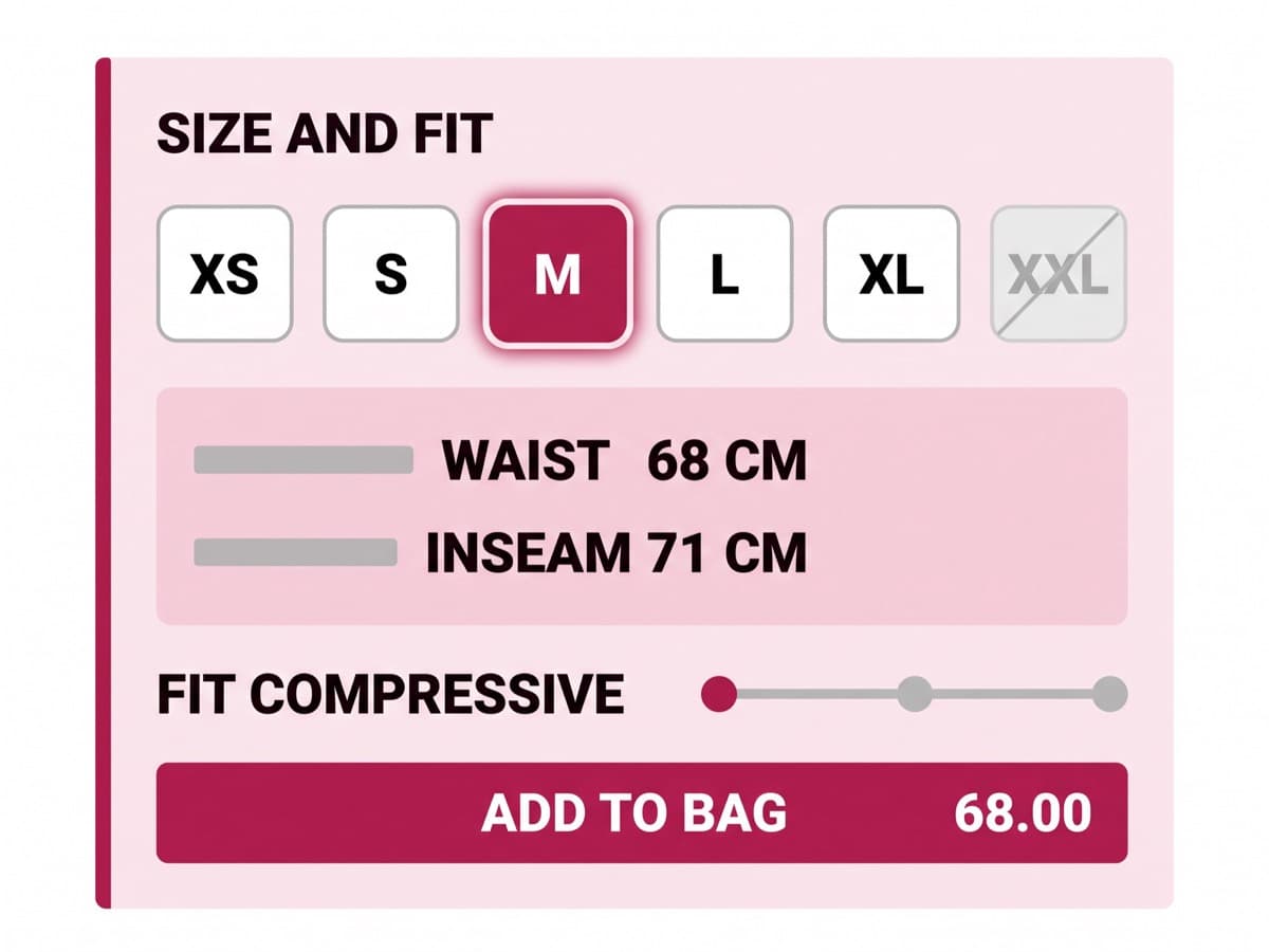 Close-up of the Brava Athletic size and fit component, showing size chips, the garment measurement for the selected size and a fit descriptor in a raspberry-accented card on white