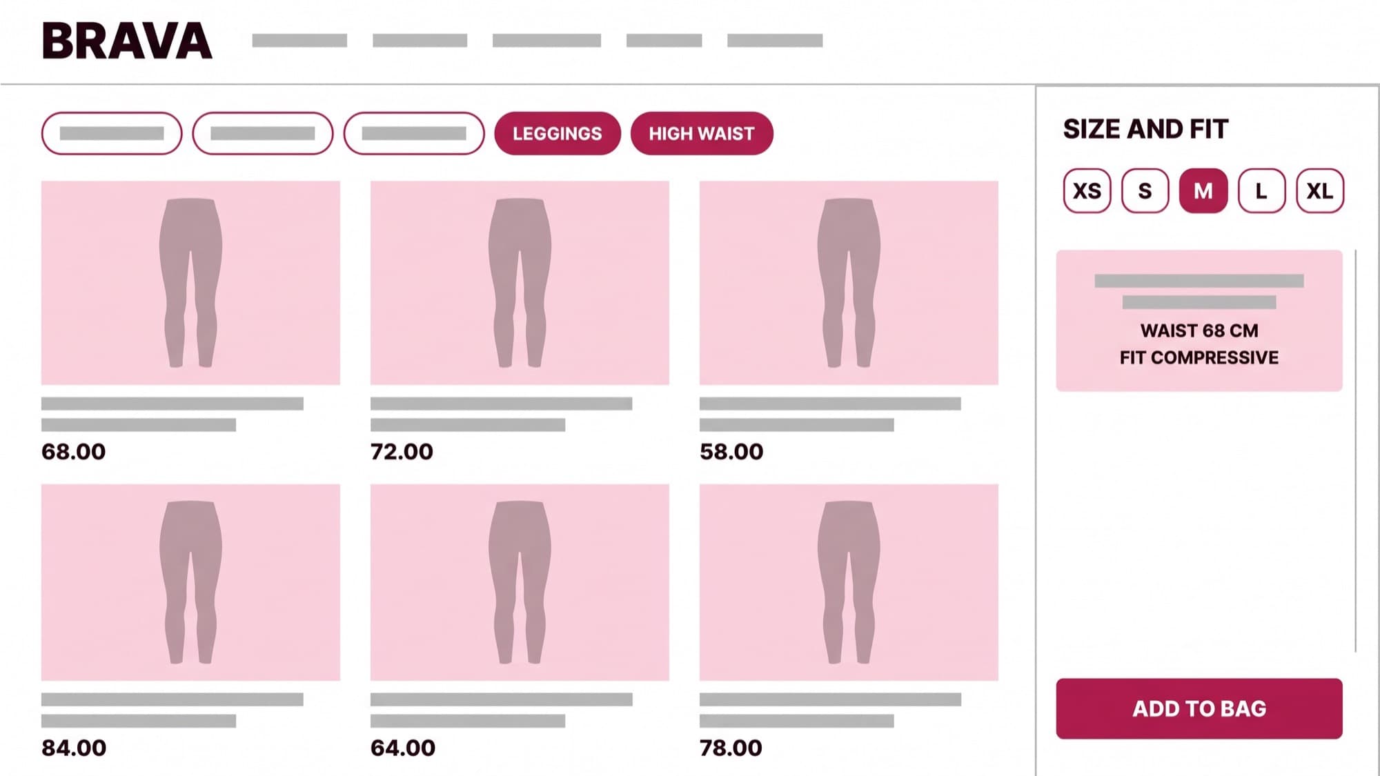 Brava Athletic activewear storefront shown on a wide desktop screen, white background with a leggings collection grid, raspberry filter chips and a size-and-fit panel open on the right