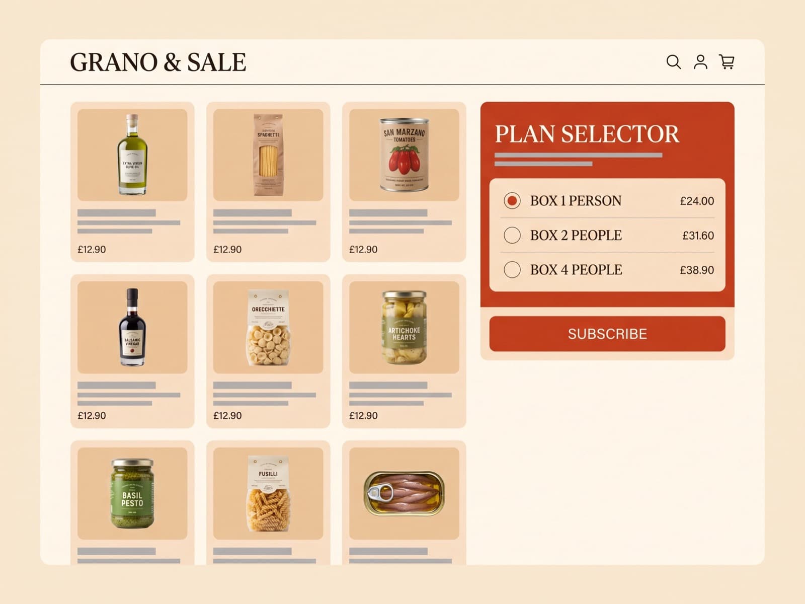Italian pantry ecommerce subscription page on desktop, cream background with olive oil and pasta product tiles and a tomato-red plan selector