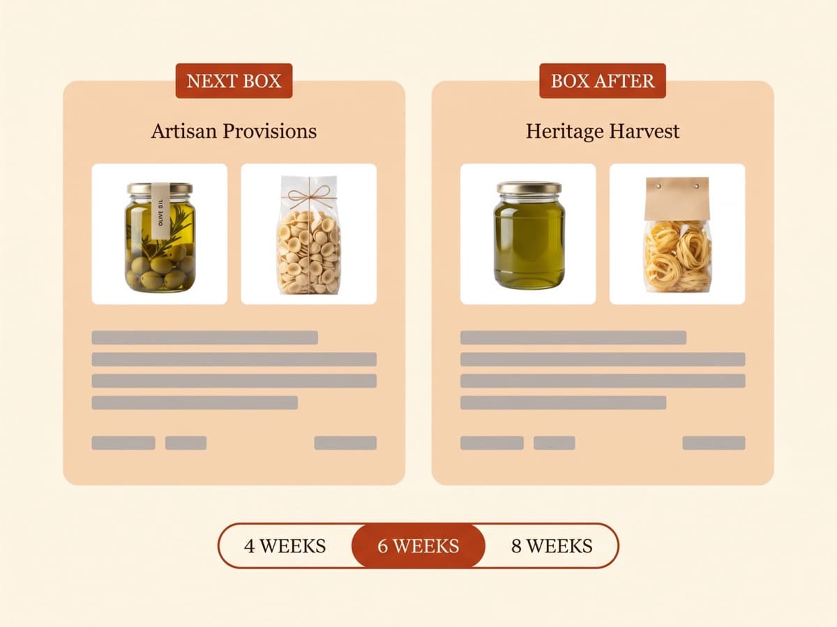 Close-up of the Grano & Sale next-two-boxes component on cream, showing named producers, jars of oil and packets of pasta with a tomato-red restock-rhythm selector beneath
