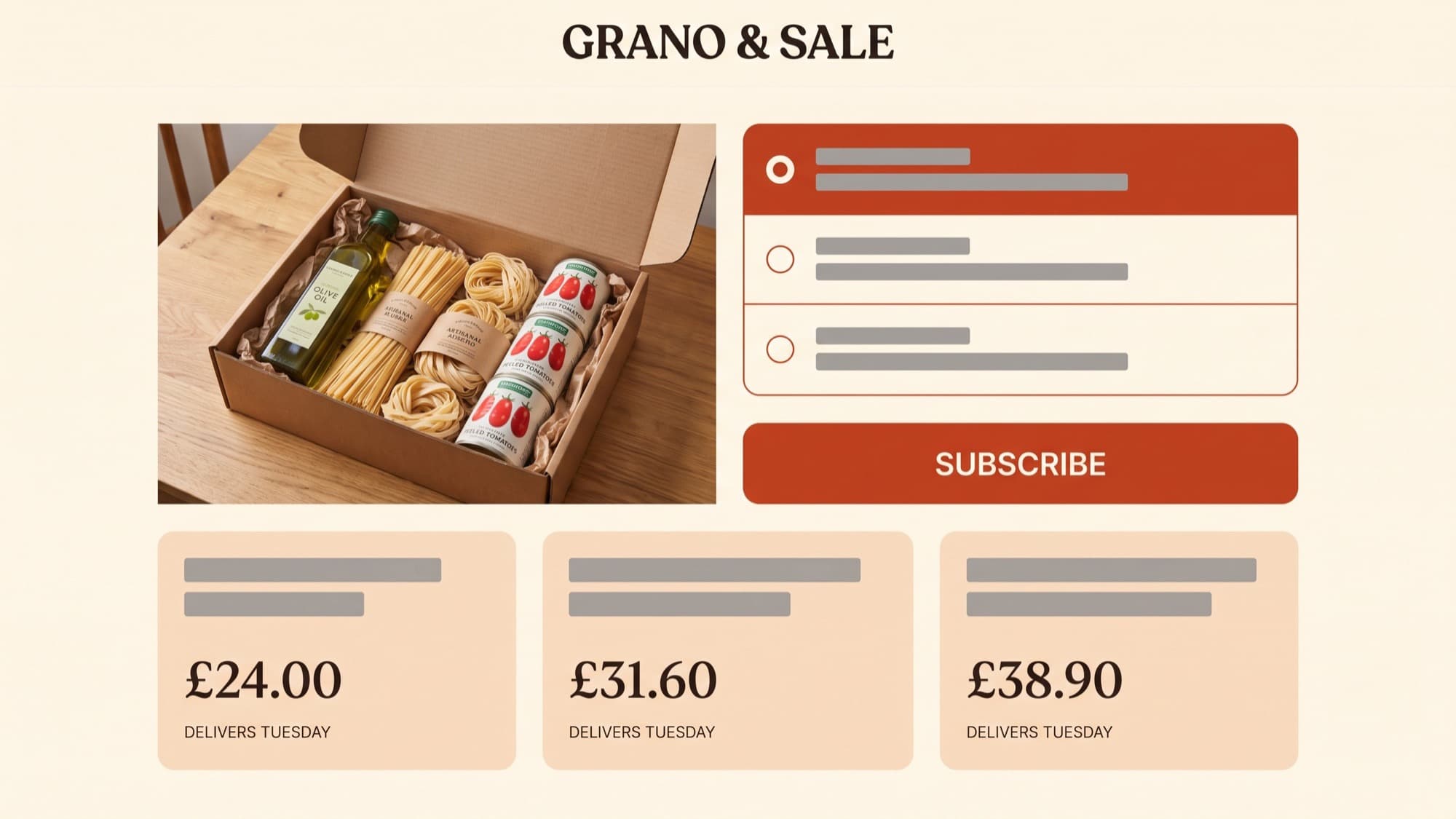 Grano & Sale pantry subscription page on a wide desktop screen, cream background with a photographed box of olive oil, dried pasta and tinned tomatoes, a tomato-red plan selector and three box sizes below