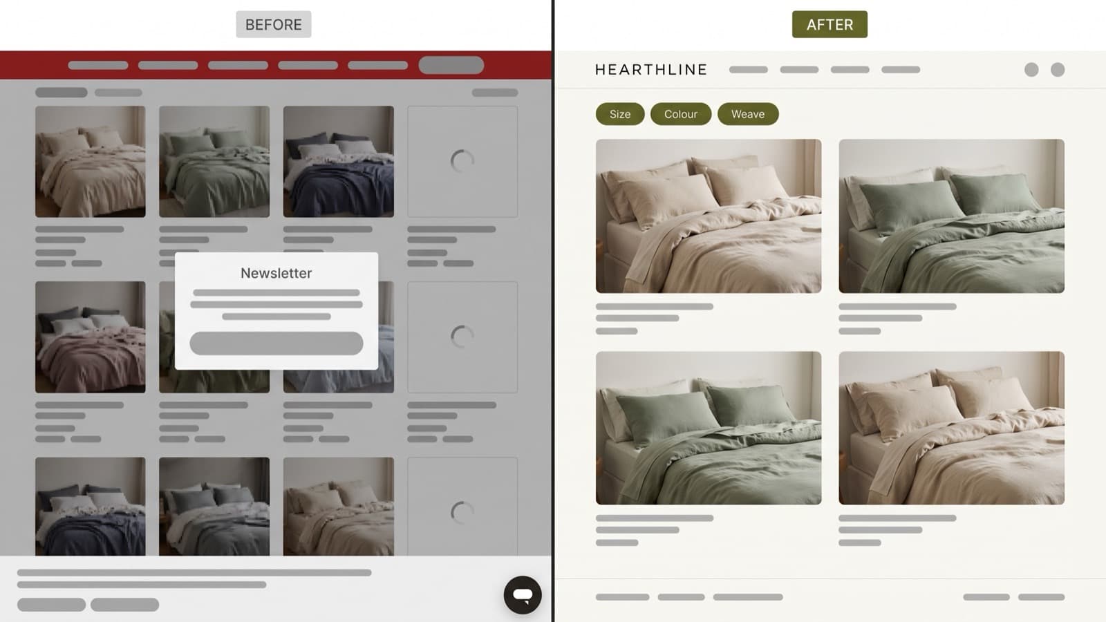 Side-by-side before and after of the Hearthline linen bedding collection page, the left version cluttered with pop-up widgets and a slow-loading grid, the right on a warm off-white background with olive-green filter chips for size, colour and weave and clean product cards
