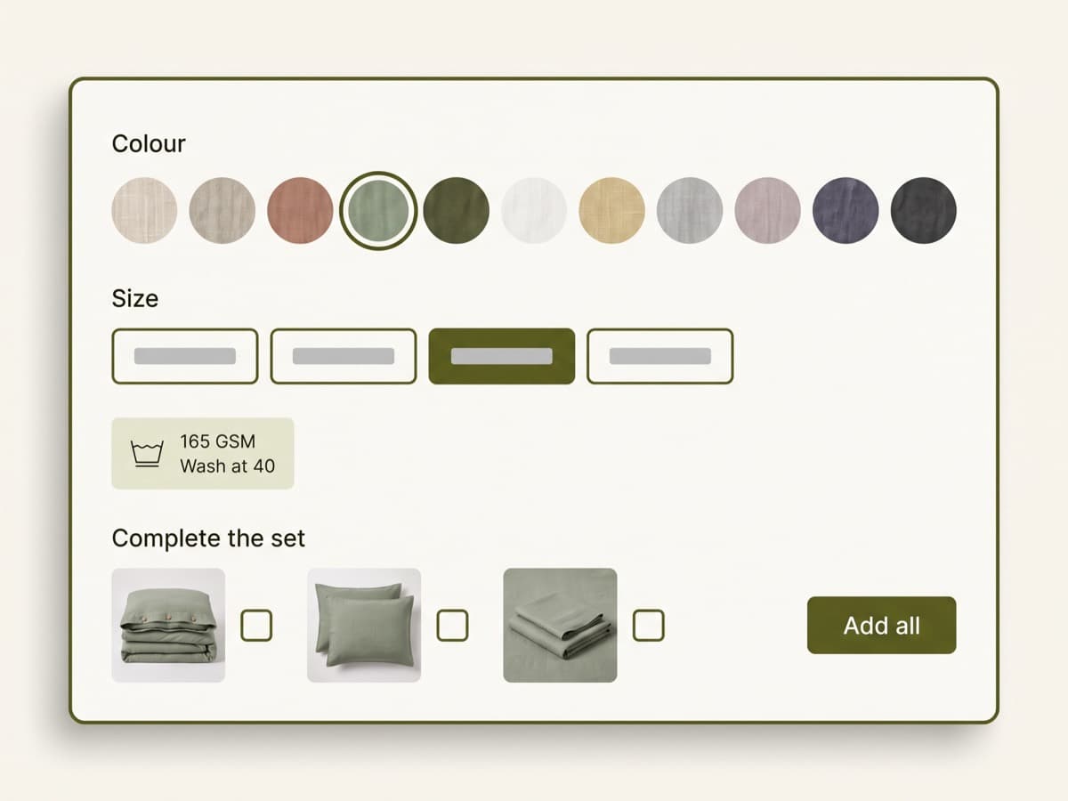 Close-up of the Hearthline product page colour and weave selector, showing eleven washed linen swatches, a GSM and care note and a "complete the set" bundle row in an olive-green accented card on warm off-white