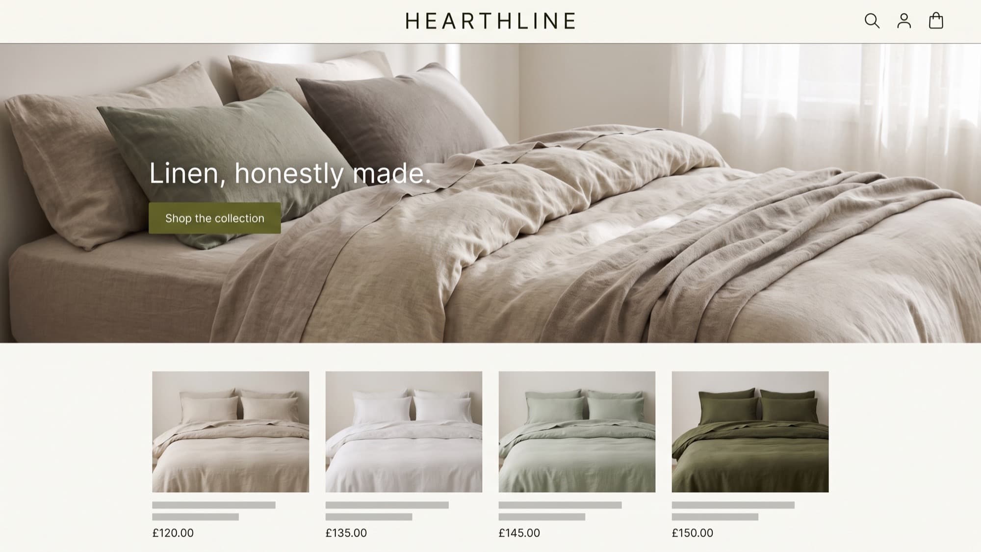 Hearthline homeware storefront on a wide desktop screen, warm off-white background with a full-bleed photograph of rumpled linen bedding, an olive-green shop-the-collection button and a four-product grid of duvet sets below