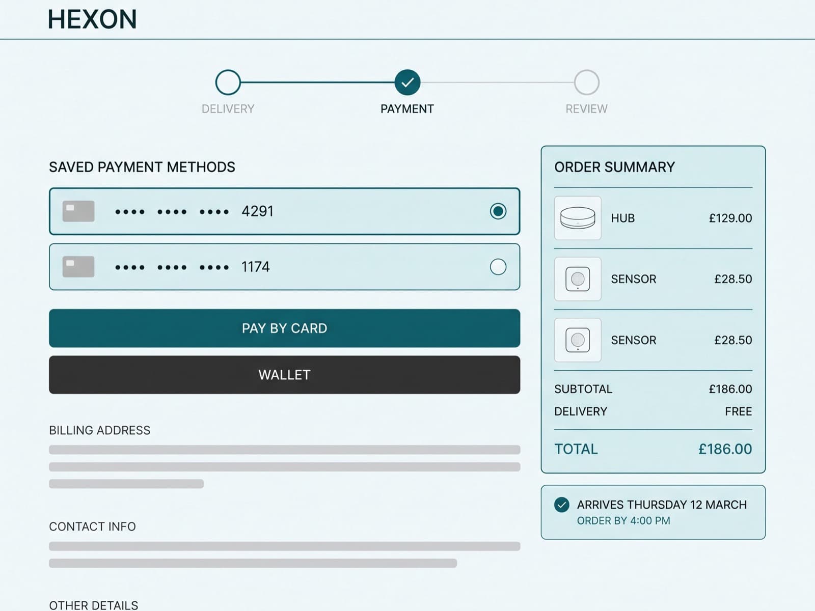 Smart home device checkout on desktop, light grey background with a teal progress indicator, saved payment methods and an order summary panel