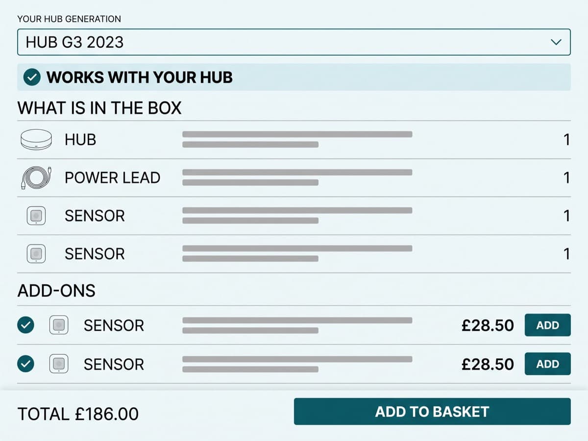 Close-up of the Hexon Devices compatibility and bundle selector, a light grey-white card with a hub-generation dropdown, a deep teal works-with-your-hub confirmation tick and an itemised what-is-in-the-box list with two sensor add-ons
