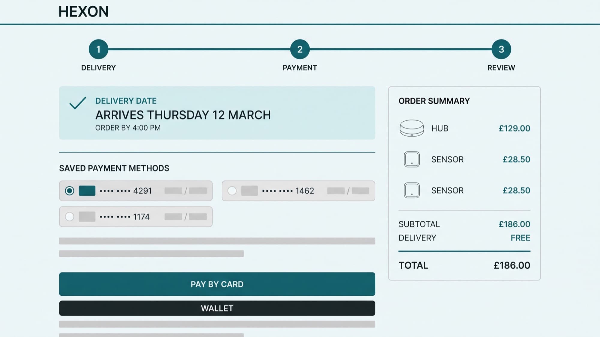 Hexon Devices checkout on a wide desktop screen, light grey-white background with a three-step deep teal progress indicator, a delivery-date panel, saved payment methods and a right-hand order summary listing a hub and two sensors