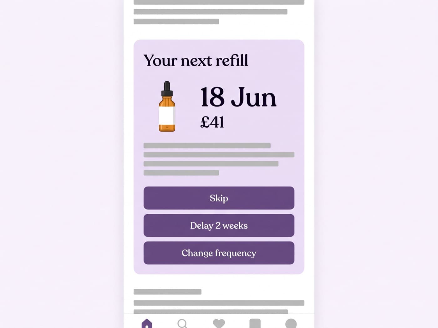 Lumen Apothecary upcoming-order card on a phone screen, pale lilac-white with a refill date, price, and three muted violet actions reading skip, delay two weeks and change frequency