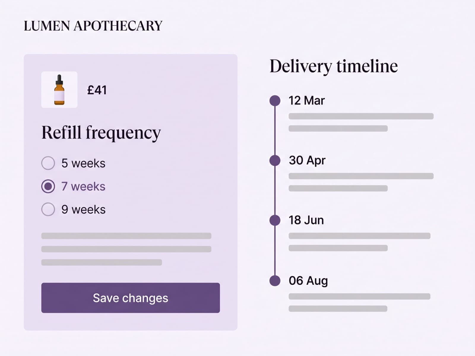 Skincare subscription management screen on desktop, pale lilac background with a refill frequency selector and a delivery timeline