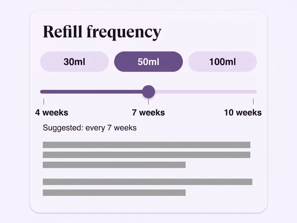 Close-up of the Lumen Apothecary refill frequency selector, a pale lilac-white card showing serum size options with a suggested seven-week interval and a muted violet slider