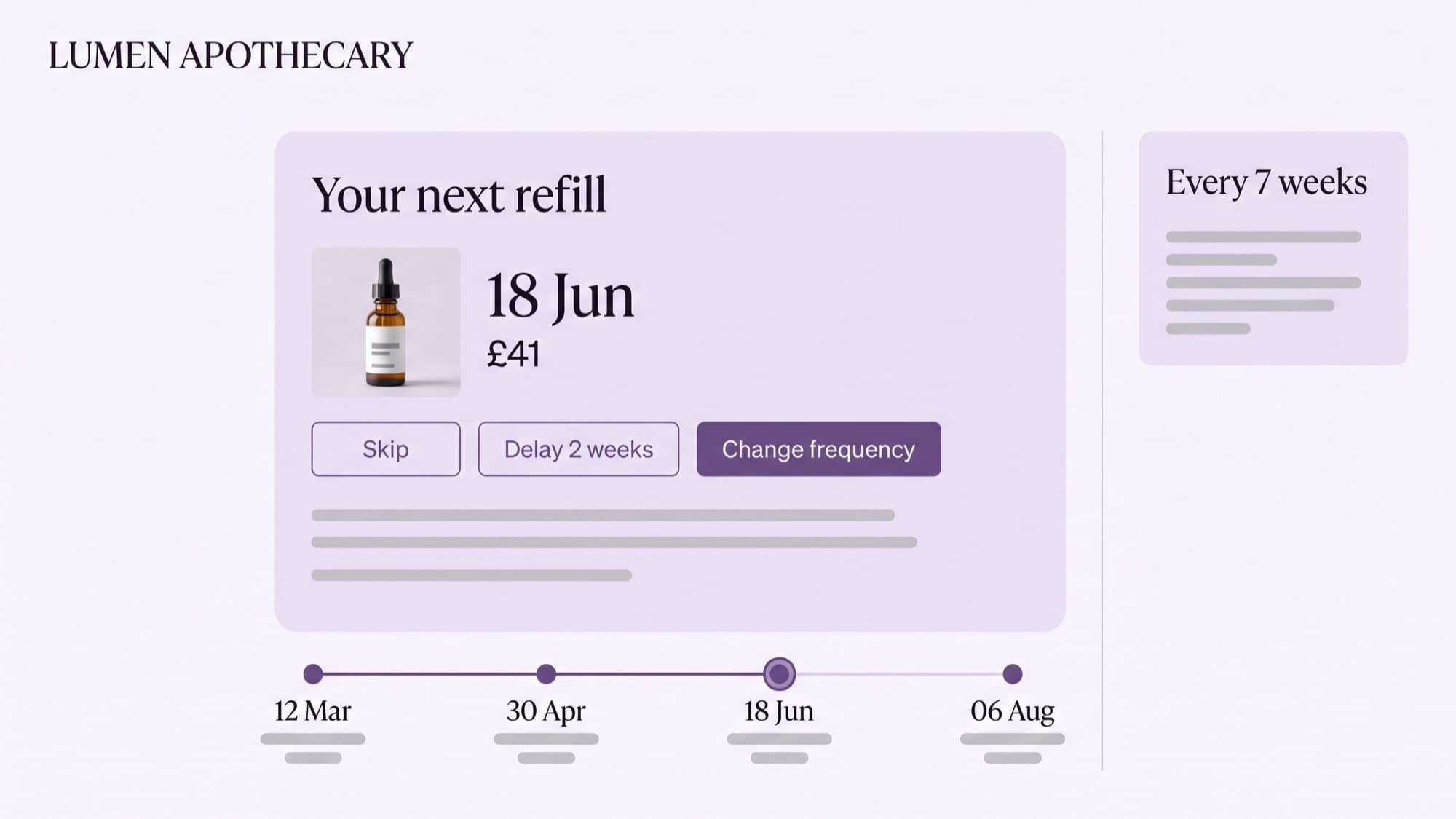 Lumen Apothecary subscription dashboard on a wide desktop screen, pale lilac-white background with an upcoming-refill card, a delivery timeline and a muted violet change-frequency button
