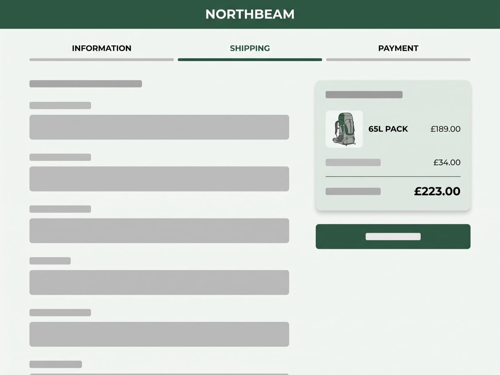 Outdoor gear ecommerce checkout on desktop, pine-green header with a three-step progress bar and a hiking pack line item