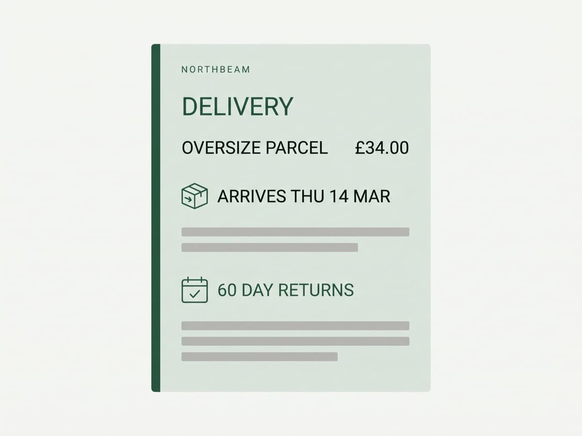 Close-up of the Northbeam Outfitters delivery estimator component on a cool off-white card, showing an oversize parcel rate, a dated arrival window and a returns line in pine green