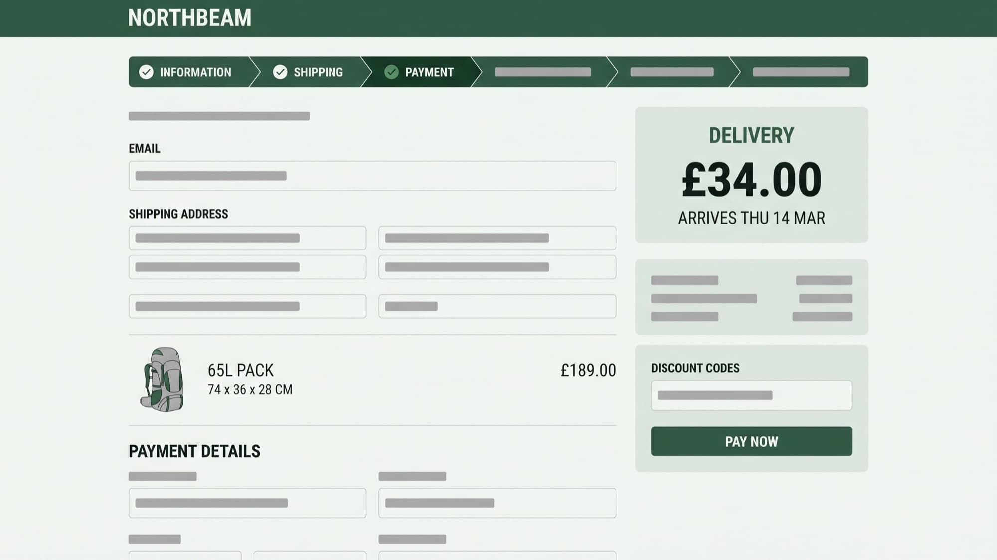 Northbeam Outfitters checkout on a wide desktop screen, cool off-white background with a pine-green three-step progress bar, a 65-litre hiking pack line item with its packed dimensions, and a delivery estimate panel on the right