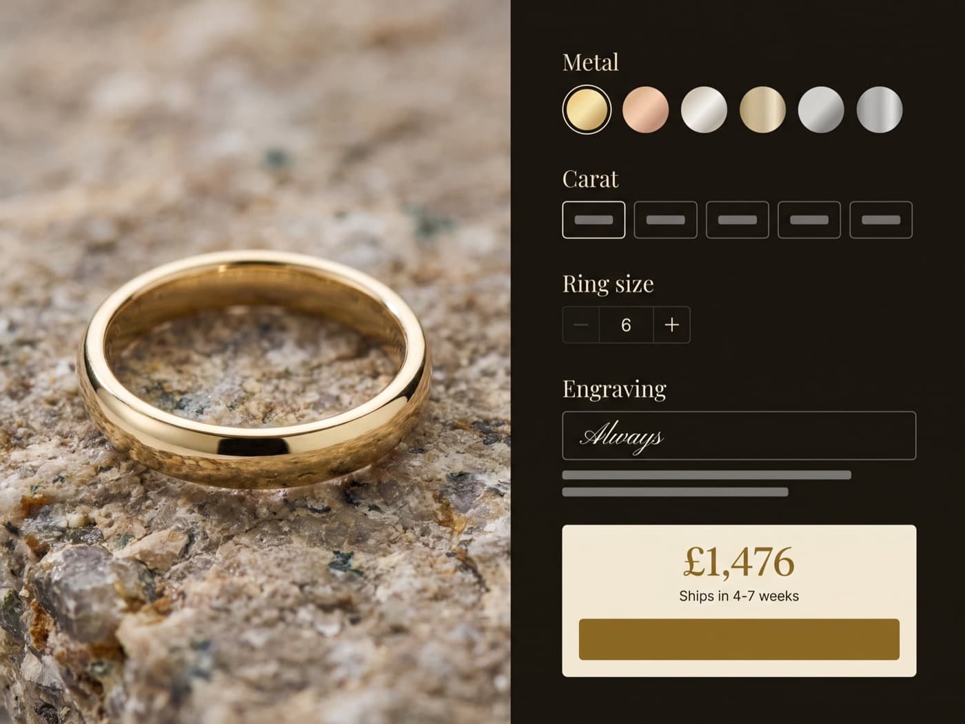 Orla Fine ring configurator on screen, near-black panel with metal and carat selectors, a ring-size stepper, an engraving field showing live preview text and an antique-gold price and lead-time summary