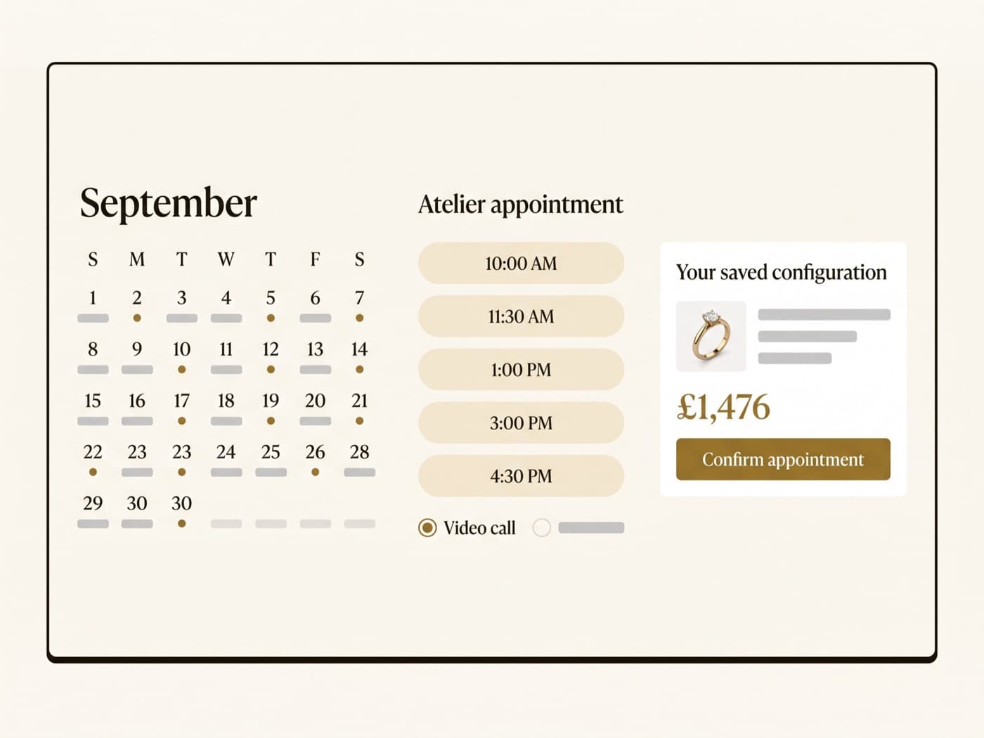 Orla Fine appointment booking step on screen, warm ivory panel with a calendar of atelier slots, a video-call option and an antique-gold confirm button beside a summary of the saved ring configuration