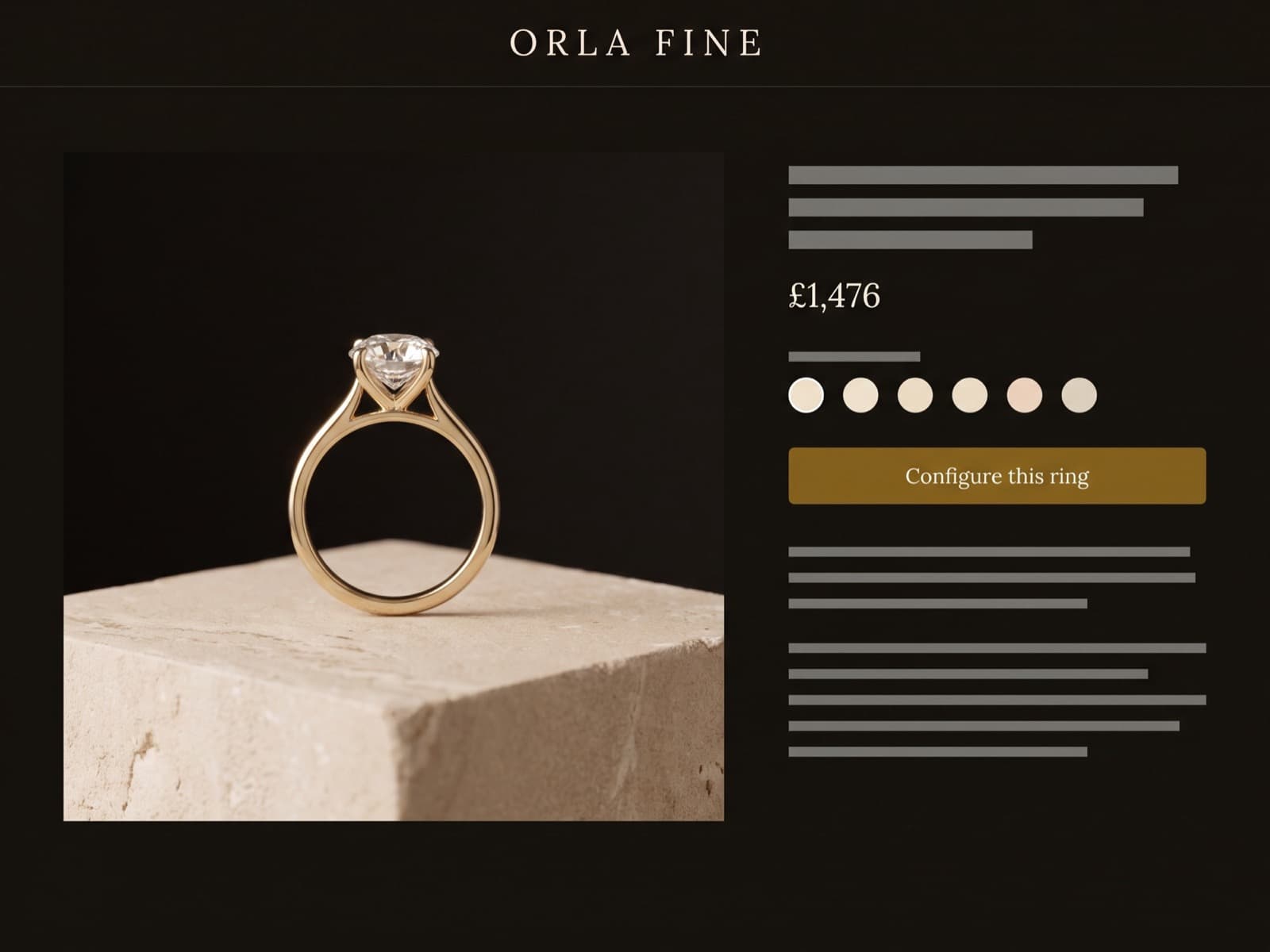 Fine jewellery ecommerce product page on desktop, near-black background with a gold ring on a stone plinth and an antique-gold configure button