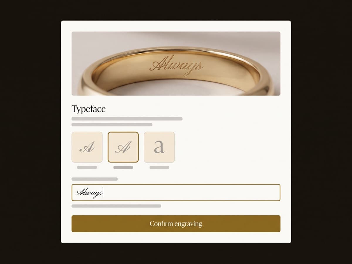 Close-up of the Orla Fine engraving step, warm ivory card on near-black showing a signet band with live preview lettering, a typeface selector and an antique-gold confirm engraving button