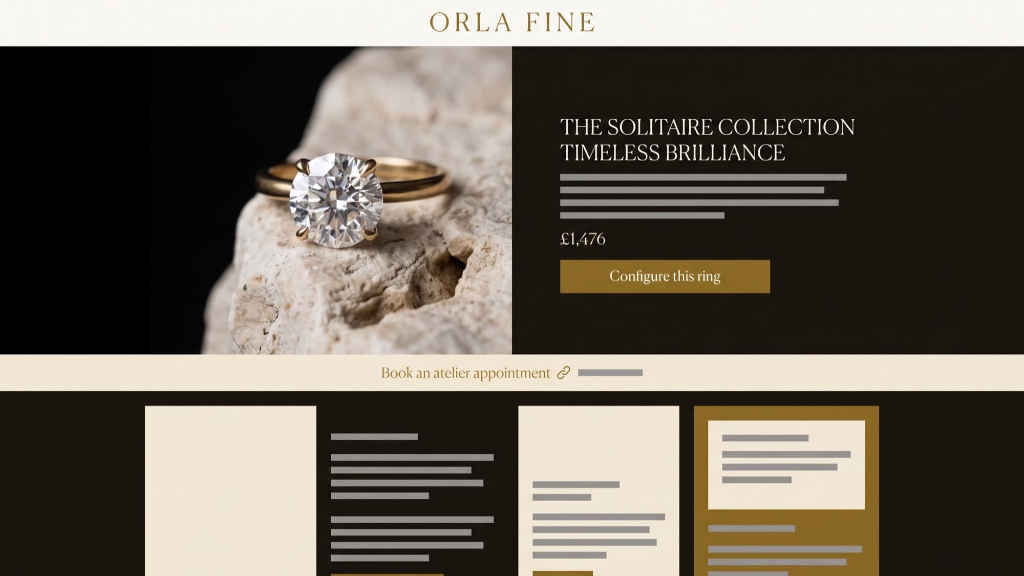 Orla Fine jewellery storefront on a wide desktop screen, near-black background with a solitaire ring photographed on stone, an antique-gold "Configure this ring" button and a slim booking bar for an atelier appointment