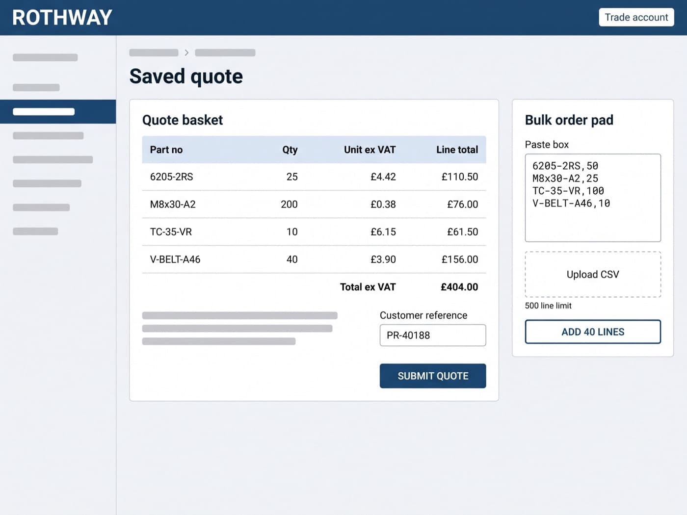 Rothway Industrial trade account dashboard on screen showing a saved quote basket with line items, quantities and customer reference, alongside a bulk order pad panel in navy on cool grey-white