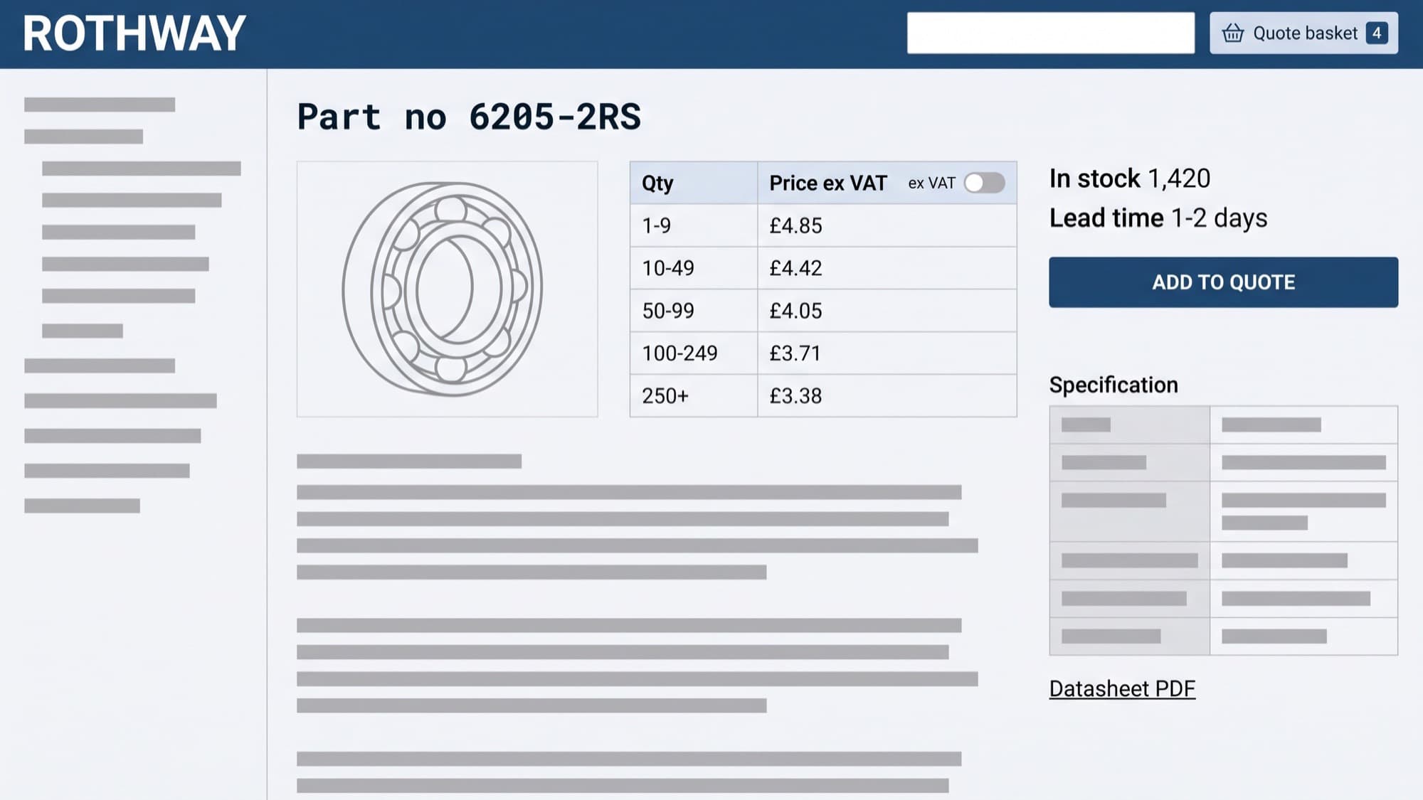 Rothway Industrial product page on a wide desktop screen, cool grey-white background with a navy header, a bearings listing table showing five quantity price breaks and a navy add-to-quote button beside the stock line
