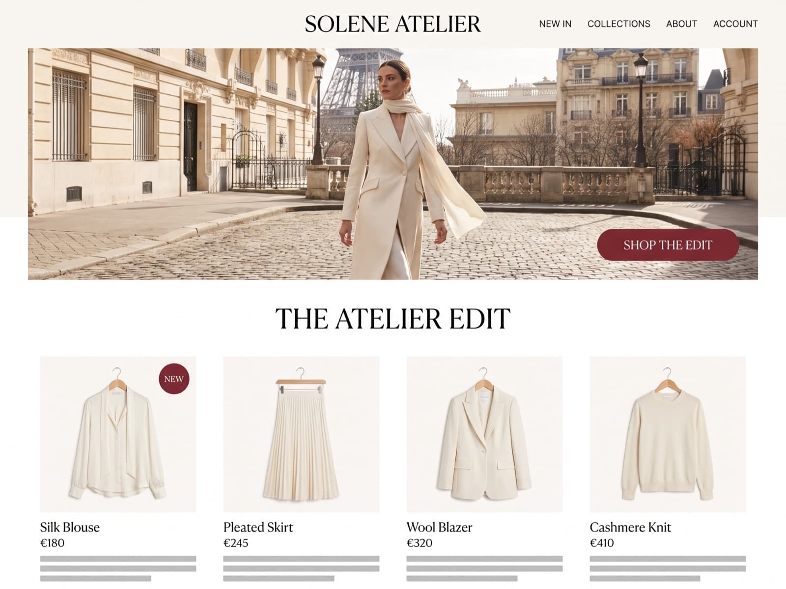 Parisian womenswear ecommerce homepage on desktop, ivory background with a full-width lookbook photograph and a burgundy add-to-bag button