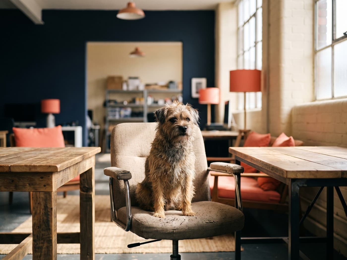 Photo of a small scruffy terrier sitting on an office chair between desks in the studio