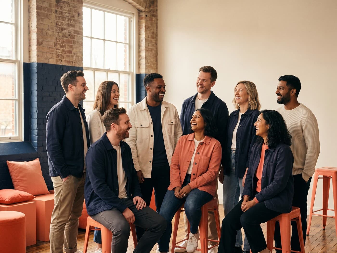 Group photo of the diverse Optyv team standing together in a bright studio, casual and laughing