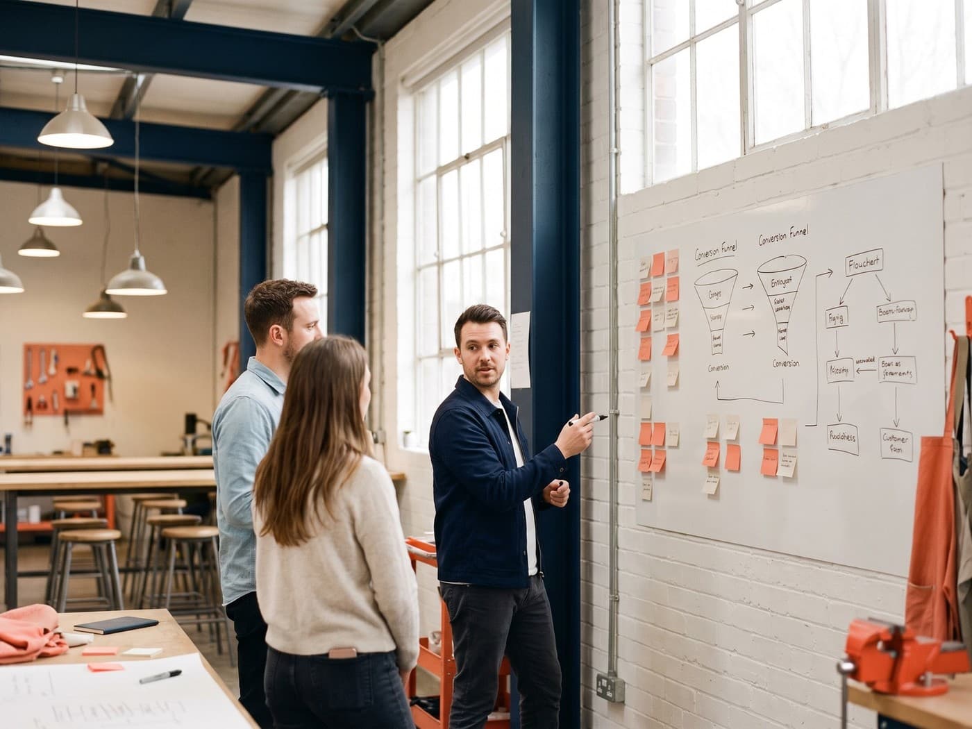 Photo of a design workshop with a whiteboard covered in sticky notes and drawn funnels, three people mid-discussion