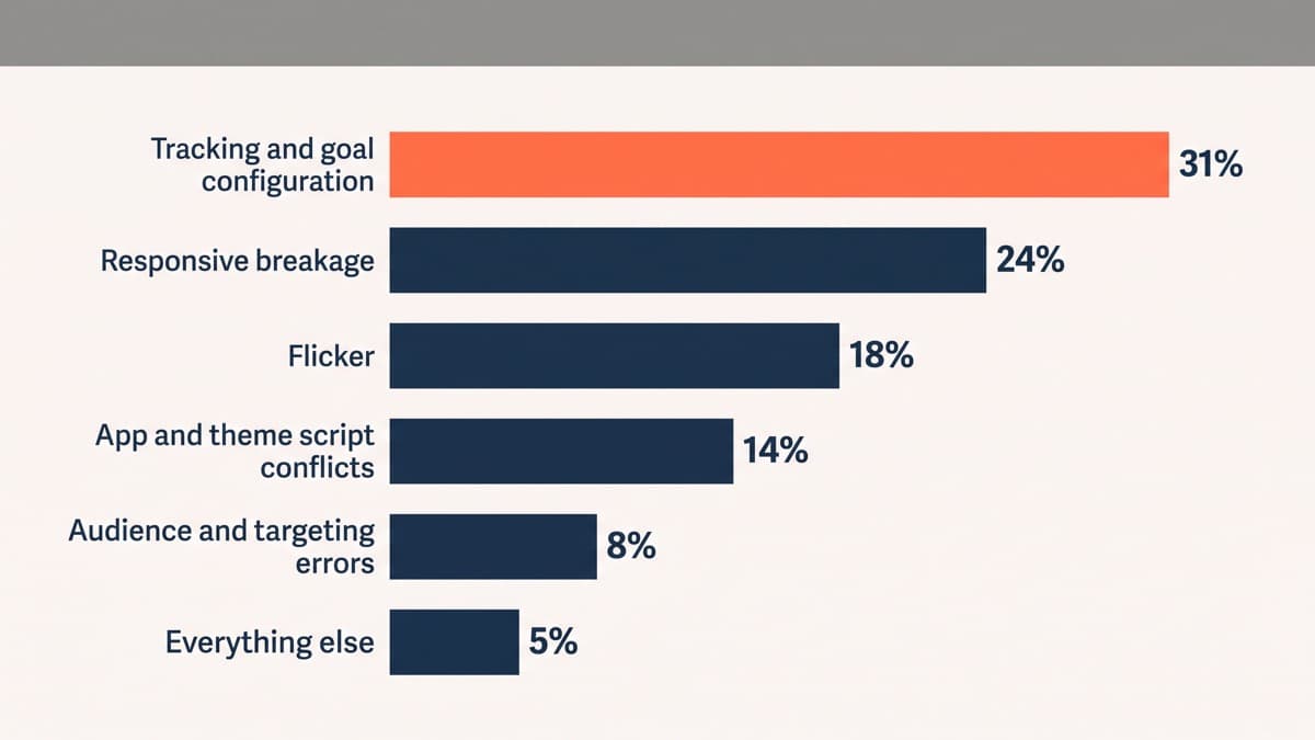 A horizontal bar chart of A/B test defect categories caught in QA: tracking and goal configuration 31%, responsive breakage 24%, flicker 18%, app and theme script conflicts 14%, audience and targeting errors 8%, everything else 5%