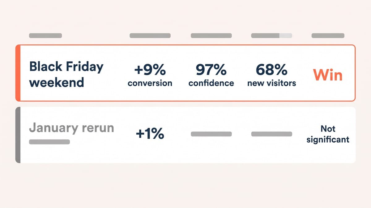 A test comparison panel showing the same urgency banner variation read twice: Black Friday weekend at plus 9% conversion at 97% confidence on traffic that was 68% new visitors, and a January rerun at plus 1% marked not significant