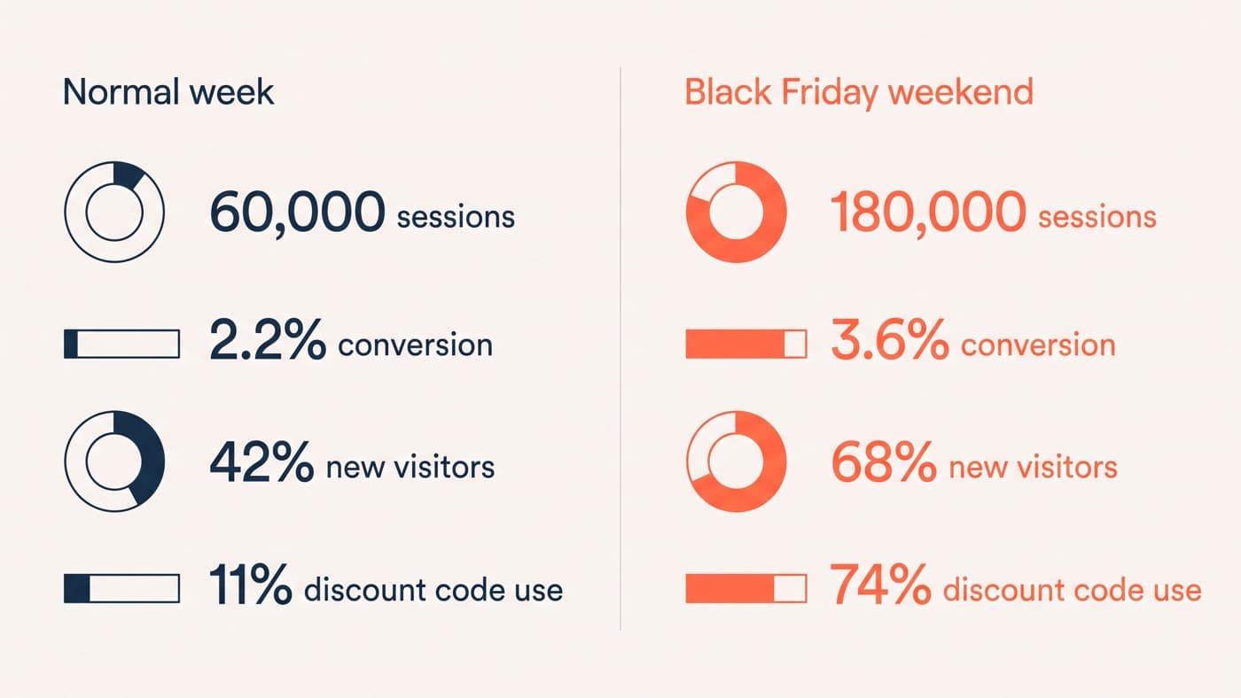 A traffic composition dashboard comparing a normal November week against Black Friday weekend: 60,000 sessions at a 2.2% conversion rate with 42% new visitors and 11% discount code use, beside 180,000 sessions at 3.6% with 68% new and 74% code use