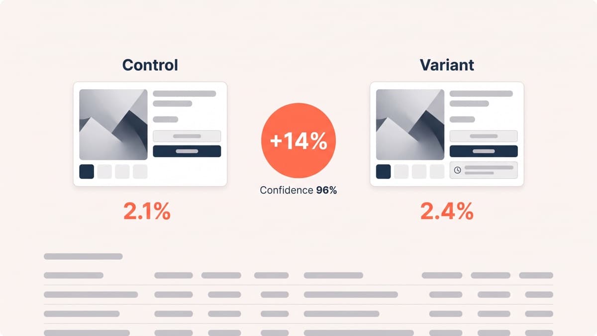 An experiment results panel comparing a control product page at 2.1% conversion with a variant showing a dated delivery estimate under the buy button converting at 2.4%, with a +14% badge and a 96% confidence readout