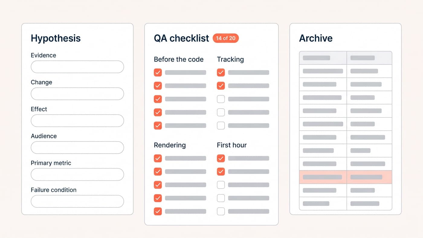 A workspace screenshot of three A/B testing templates side by side: a hypothesis form with six empty labelled fields for evidence, change, effect, audience, primary metric and failure condition; a QA checklist in four sections showing fourteen of twenty boxes ticked; and a twelve-row experiment archive table with one row highlighted