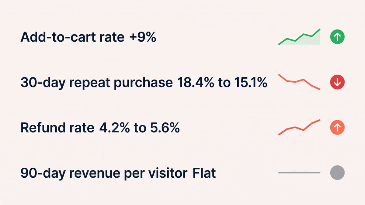 A generic unbranded guardrail metrics dashboard with four rows: add-to-cart rate up 9% marked green, 30-day repeat purchase rate falling from 18.4% to 15.1% marked red, refund rate rising from 4.2% to 5.6% marked red, and 90-day revenue per visitor flat