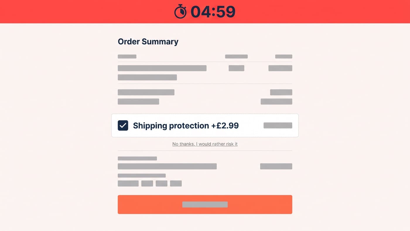 A generic unbranded checkout screenshot with a red countdown timer reading 04:59 at the top, a pre-ticked shipping protection add-on row, and a small decline link worded as a confirm-shaming refusal